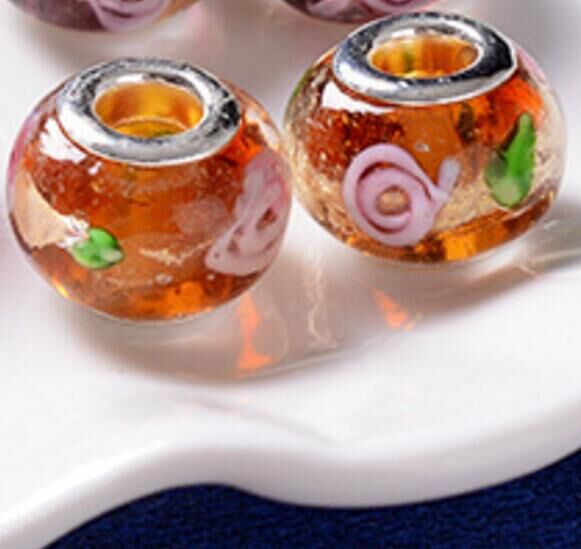 100pcs Lot Fashion Round Foil Flower Lampwork Glass Big hole Beads Fit European Charm Bracelet DIY Jewelry Gift GB06