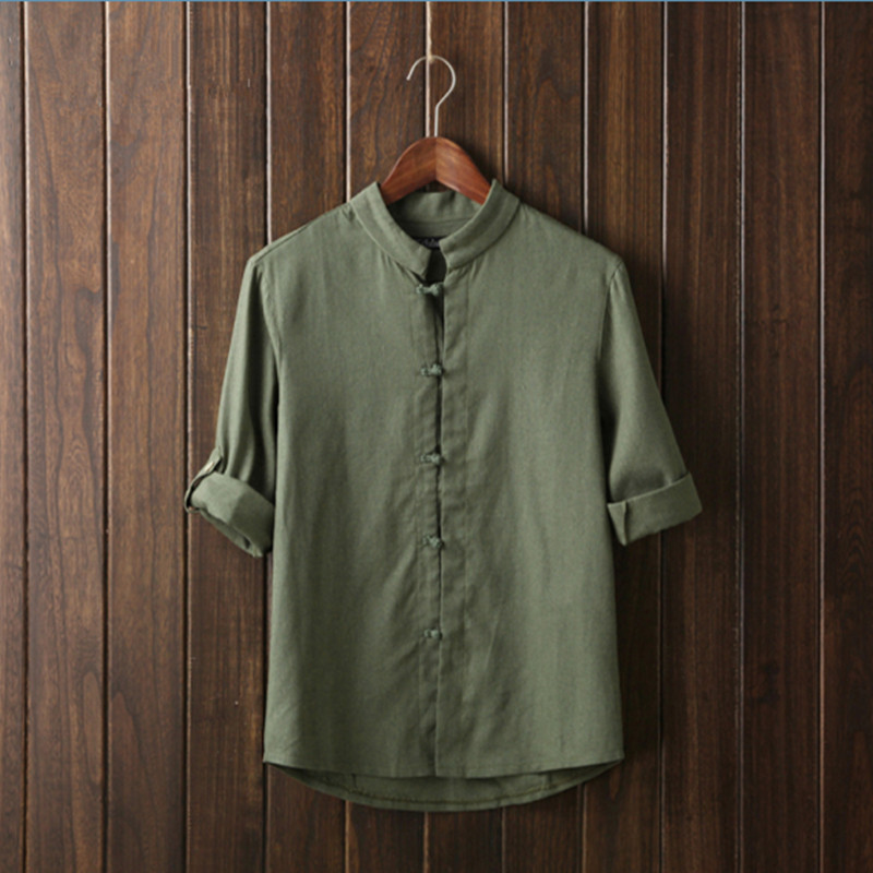 Men's Casual Shirts New Autumn Fashion Brand Men Thanks Flax Pure Color Man's Shirt Seven Chinese Style Shirt Sleeve grey Beige Blue Army