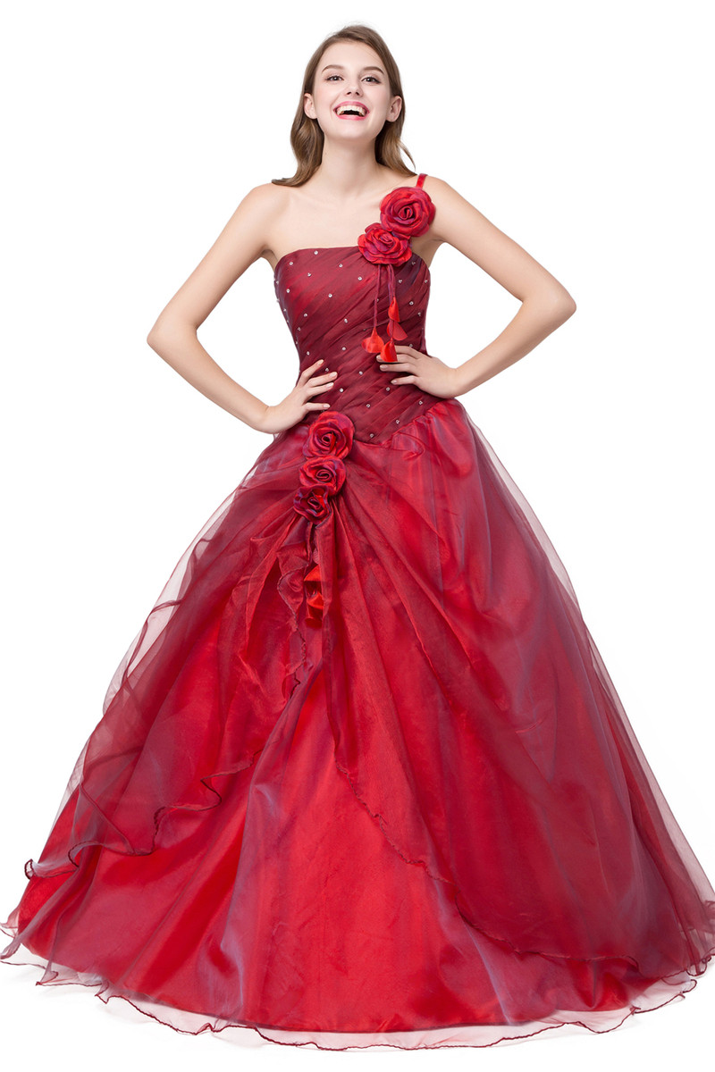 2017 New One-Shoulder Flowers A-Line Quinceanera Dresses with Beading Sequins Organza Plus Size Sweet 16 Dress Vestido Debutante Gowns BQ48