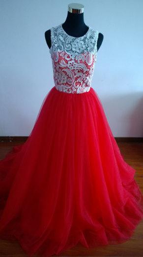 Jewel Neck White and Red Lace Evening Dresses Tulle A-Line Sweep Train Plus Size Formal Prom Dresses Real Photos Custom Made