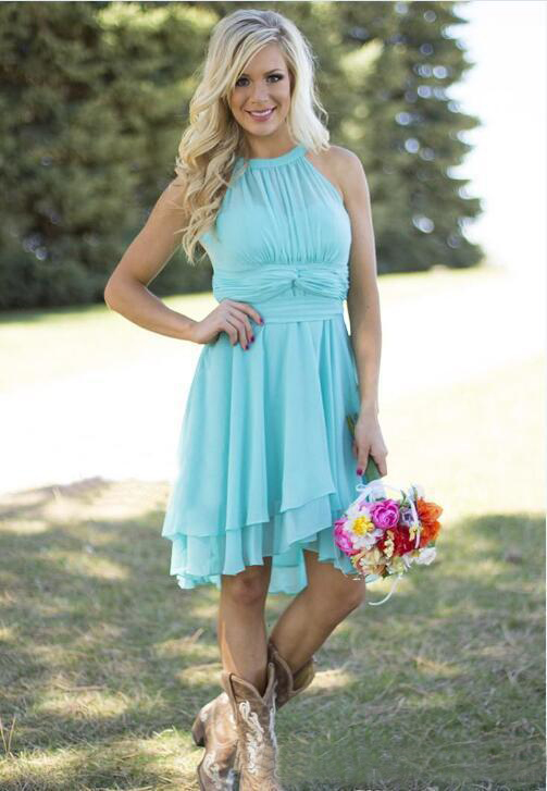 Hot Sale 2016 Western Country Bridsmaid Dresses Cheap Light Blue Chiffon Pleats Tiered Knee Length Maid Of Honor Gowns Custom Made EN8224