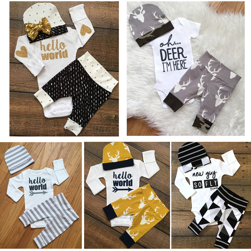 2016 new brand autumn baby girls boys clothing infant girl clothes hello world arrow fashion long sleeve romper+pants+hat 3pcs, As show
2016 new brand autumn baby girls boys clothing infant girl clothes hello world arrow fashion long sleeve romper+pants+hat 3pcs, As show