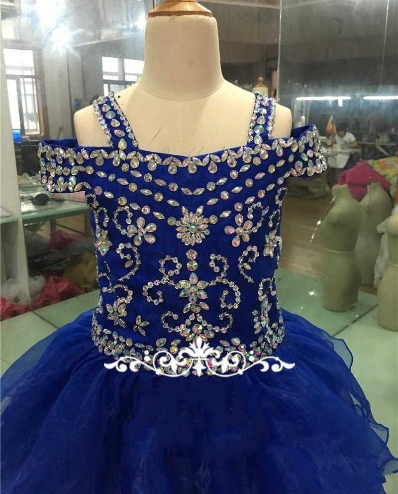 Lovely Royal Blue Crystals Girls Pageant Dresses Little Girls Ball Gowns Mini Ruffles Organza Princess Puffy Ritzee Girl Dress