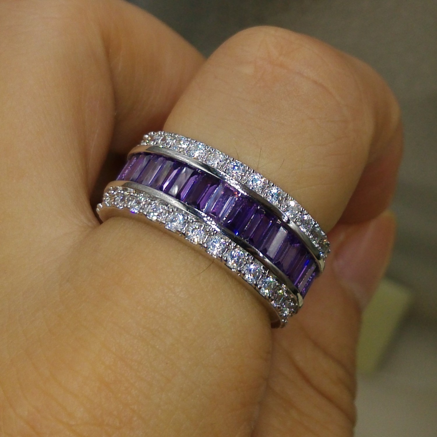 Wholesale Professional Luxury Jewlery Princess Cut 925 Sterling Silver Amethyst Gemstones CZ Diamond Wedding lover Band Ring Gift Size 5-11