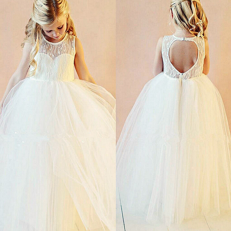 Lace Flower Girls Dresses For Weddings Open Back White Ivory Bow Kids Floor Length Bridal Gown NEW Little Girls Pageant Dress