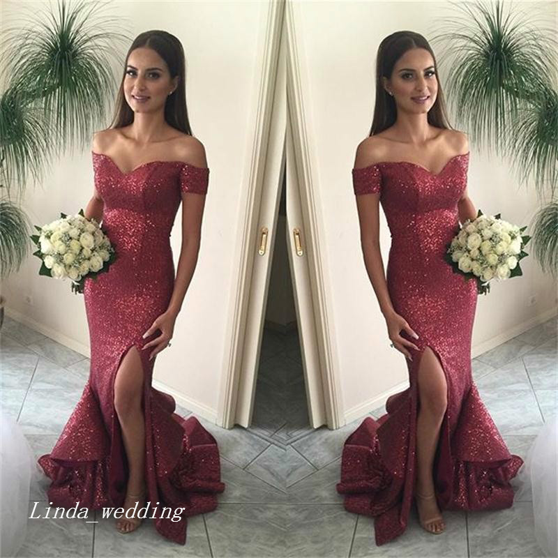 Sexy Burgundy Wine Red Evening Dress Mermaid Off Shoulder Side Slit Sequins Long Formal Prom Party Gown