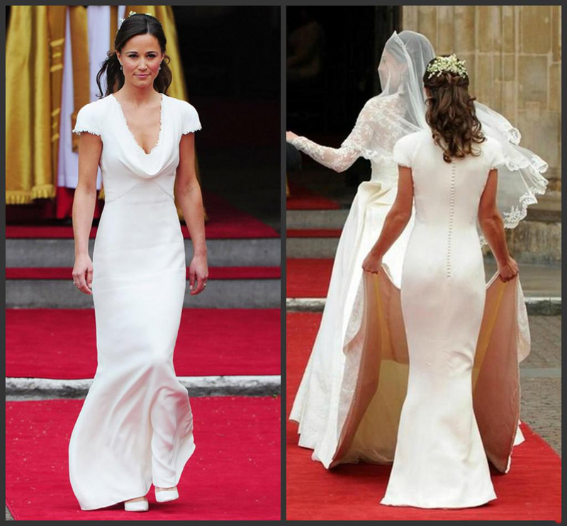 Famous Pippa Middleton Bridesmaid Dresses with Sexy Draped Deep V-Neck and Stunning Short Sleeve Mermaid Covered Button Dress Evening Gowns