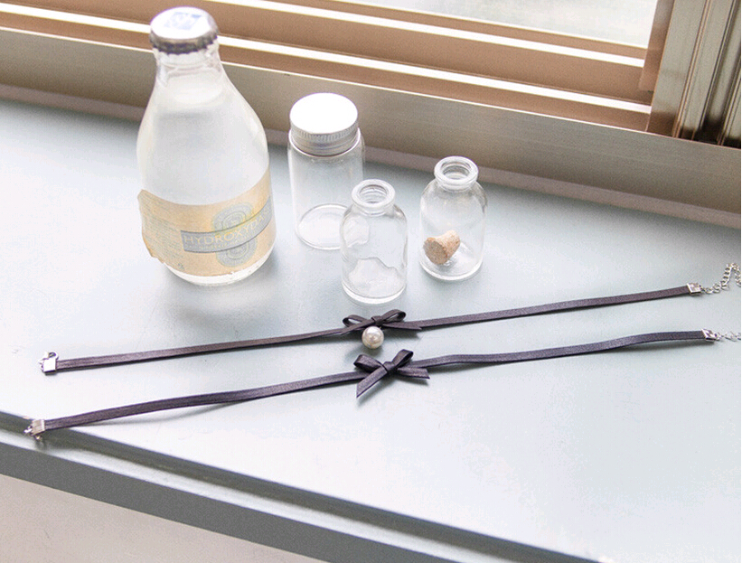 Black White Pearl Choker Necklace Collar Style Bow Leather Punk Collar Bone Torques Necklaces Teen Fashion Jewelry Korean