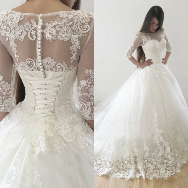 Luxury Puffy A Line Ball Gown Wedding Dress with Sleeves Illusion Bateau Neckline Lace Appliques Zipper Pearls Button Corset Bridal Gowns, Ivory
Luxury Puffy A Line Ball Gown Wedding Dress with Sleeves Illusion Bateau Neckline Lace Appliques Zipper Pearls Button Corset Bridal Gowns, Ivory