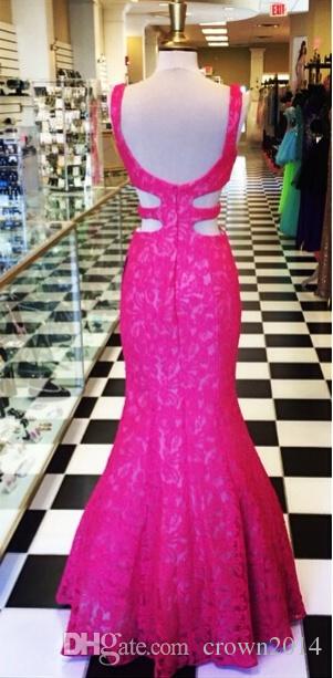 Sexy Fuchsia Lace Prom Dresses Mermaid Long Backless Evening Dresses With Straps Custom Made Real Picture Special Occasion Gown