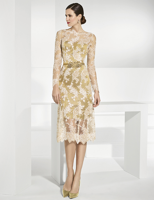 Gold Lace Mother Of The Bride Dresses With Long Sleeves Sheer Bateau Neck Sheath Wedding Guest Dress Tea Length Plus Size Evening Gowns