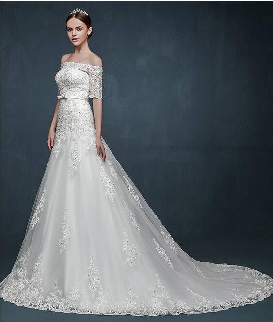 Wedding gown Charming Bateauty bridal dress princess off shoulder Wedding Dresses Bridal Gowns with Sash Bow Sweep Train Custom Made BD017