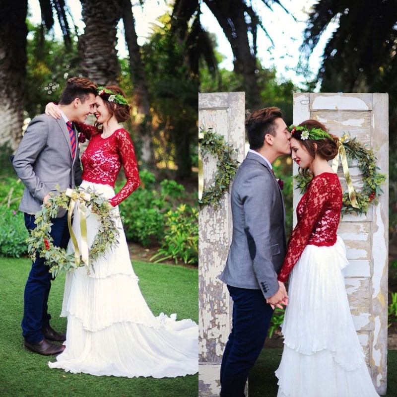 Fabulous Red and White Wedding Dresses A Line Ruched Tiered Skirt Boho Bridal Gowns Colorful Garden Brides Wear Illusion Long Sleeves
Fabulous Red and White Wedding Dresses A Line Ruched Tiered Skirt Boho Bridal Gowns Colorful Garden Brides Wear Illusion Long Sleeves