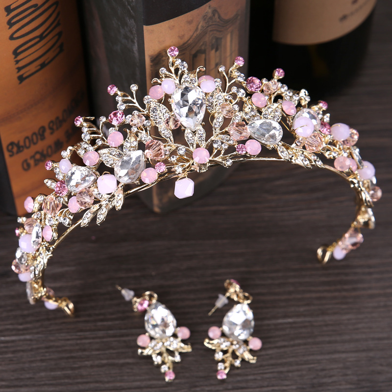 Exquisite Beaded Crystal Bridal Tiara Earrings Handmade Prom Quinceanera Pageant Wedding Crown Earrings Set Three Colors Pink Gold