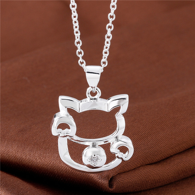 Christmas gift Cat shape pendant necklace white gemstone sterling silver plated necklace STSN591,fashion 925 silver necklace factory direct