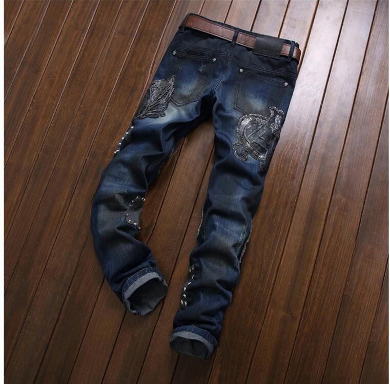 Brand Fashion Patchwork Straight Embroidery Rivets Punk Men's Skinny Jeans High Quality Robbin Jeans Hip Hop Fit Men Biker Jeans