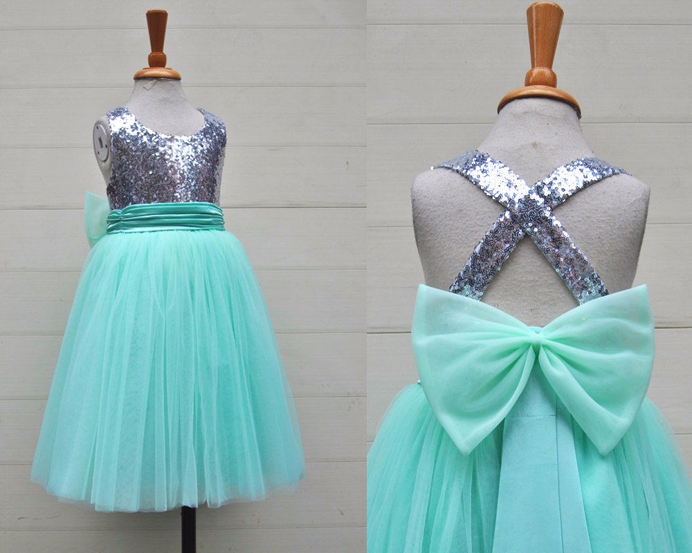 Silver Sequin Mint Tulle Flower Girls Dress Baby Infant Toddler Kids Dress Juniors For Wedding Pageant Tulle Gowns
