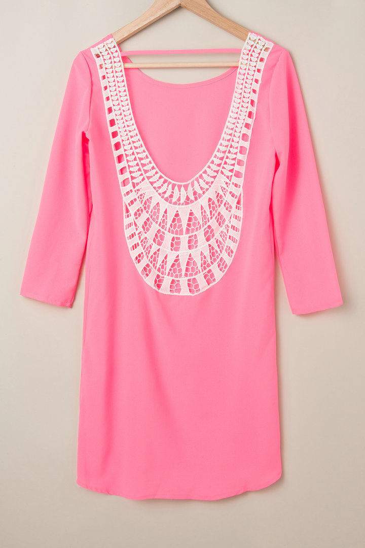 New Sexy Women Chiffon Lace Dresses Lady Solid Color Hollow Long Sleeve Dress S-XXL Free shipping