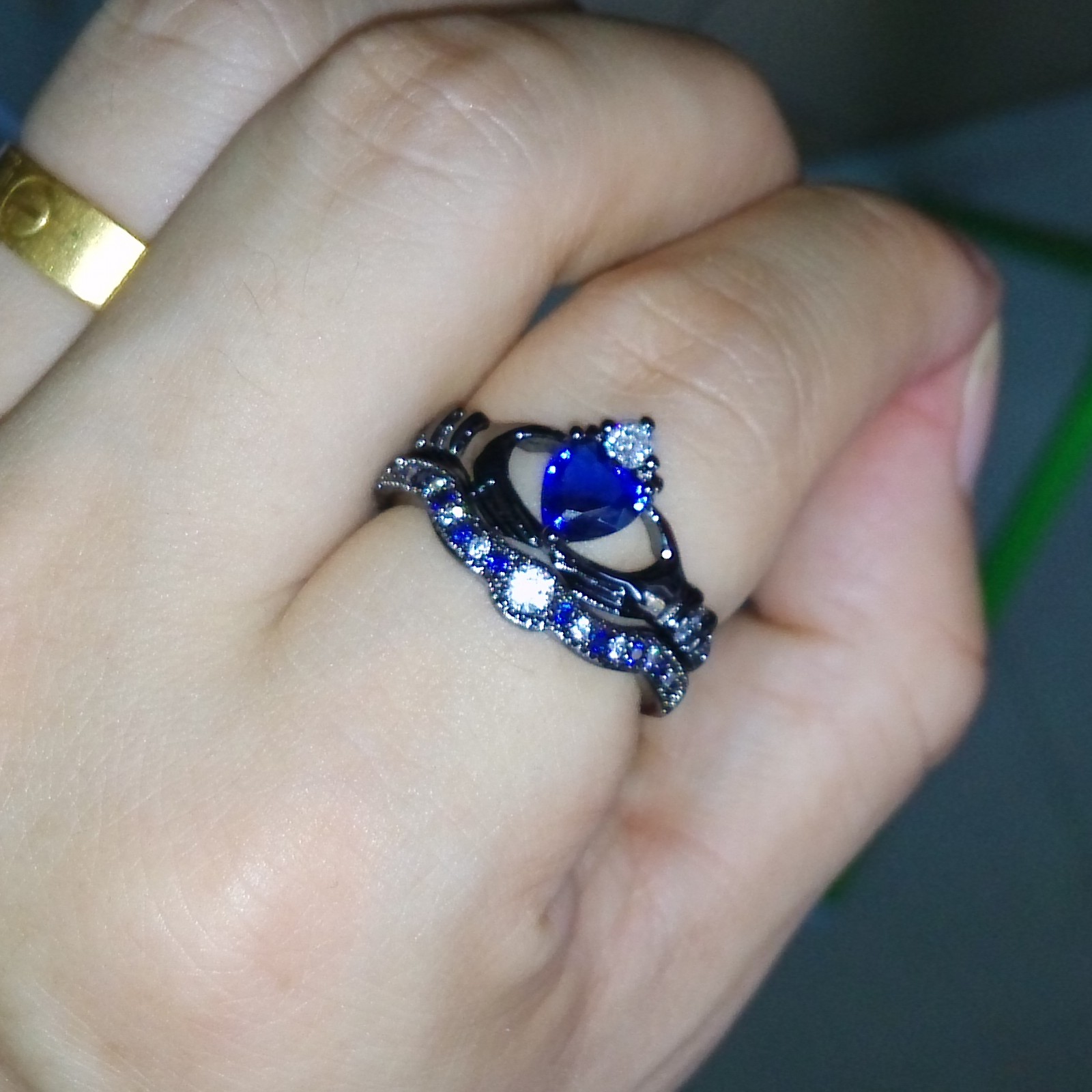 Heart Jewelry Sterg Sier Black Gold Plated Blue Sapphire CZ Dia Bridal Ring Size 5-11
