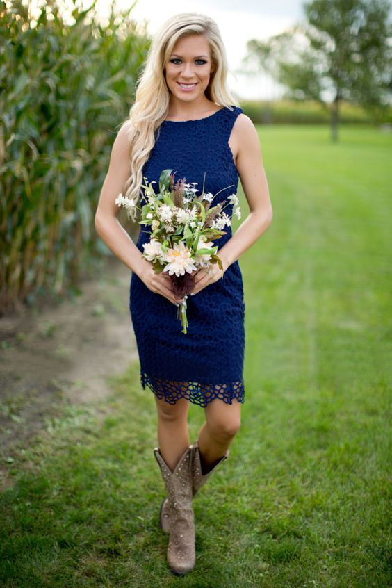 Royal Blue Lace Short Country Bridesmaid Dresses 2016 Cheap Jewel Zipper Back Knee Length For Western Causal Wedding Custom Made EN8159