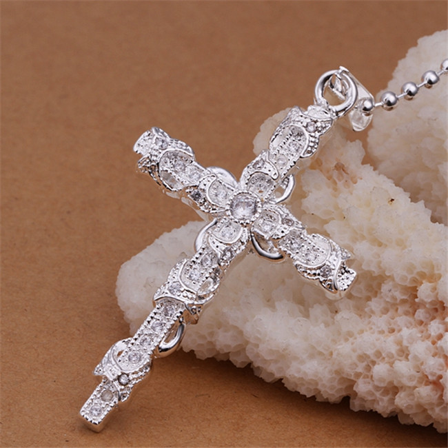 High grade Odd shaped insets cross Men white gemstone sterling silver necklace STSN359,fashion 925 silver necklace factory direct sale