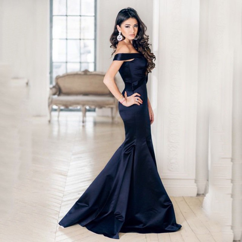 Elegant Mermaid Formal Dresses Navy Blue Off The Shoulder Prom Dresses Sleeveless Arabic Dubai Formal Evening Gown Vestido De Novia