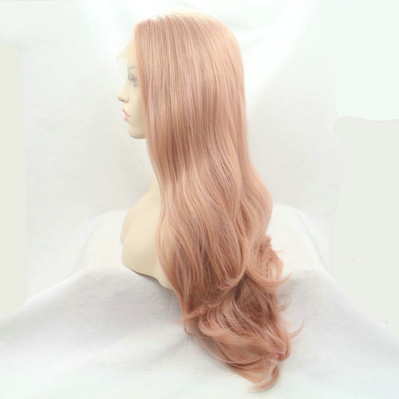 Free shipping Fashion natural wave hair rose gold color pink heat resistant fiber glueless long for womens synthetic lace front wig