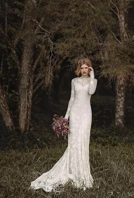 Elegant Lace Bohemian Long Sleeve Wedding Dresses 2020 Sheer Neck Full Back Floor-length A-line Country Bridal Dresses Cheap Gown