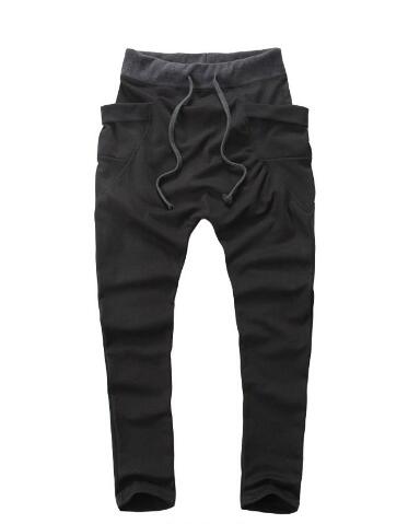 Wholesale- Unique Design Harem Pants Men's Elastic Waist Sports Pants Korean Cool Slim Fit Sweatpants Drop Crotch Pants Men black