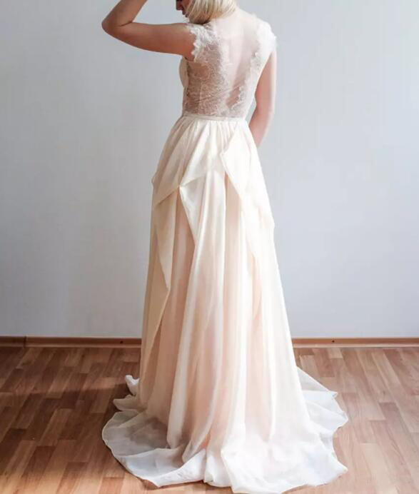 Blush Pink Bohemian Beach Wedding Dresses 2017 Lace V Neck Illusion Back Top Chiffon Ruched Long Bridal Gowns Custom Made Plus Size EN9166