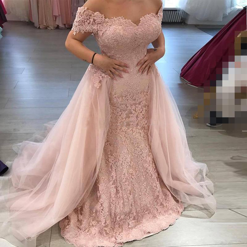 Plus Size Lace Mermaid Evening Dresses Off Shoulder Dark Red Champagne Lavender Silver Lilac Evening Gowns Sweep Train Removable TrainZipper