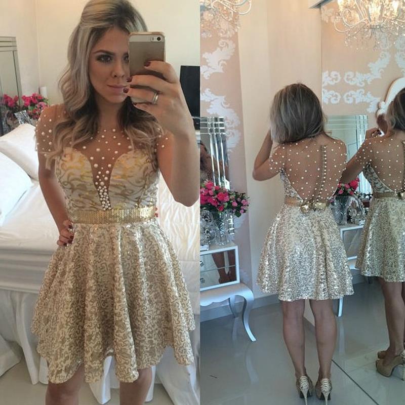 Gold Lace Short Prom Party Cocktail Gowns 2017 Short Sleeves Beaded Sheer Plunging V Neck Homecoming Dresses Sweet 16 Graduation Gowns, Light yellow
Gold Lace Short Prom Party Cocktail Gowns 2017 Short Sleeves Beaded Sheer Plunging V Neck Homecoming Dresses Sweet 16 Graduation Gowns, Light yellow