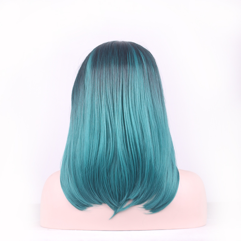 WoodFestival Ombre Dark Green Black Straight Short Bob Wig Women Fiber Synthetic Wig Turquoise Heat Resistant Hair Wigs 18 inches