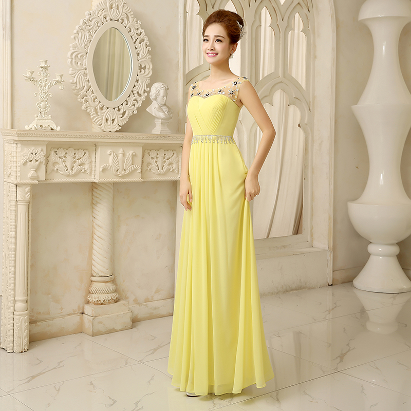 Beaded Crystal Long Chiffon Bridesmaid Dress With Scoop Neckline 2019 Yellow Bridesmaid Gowns For Wedding Party
