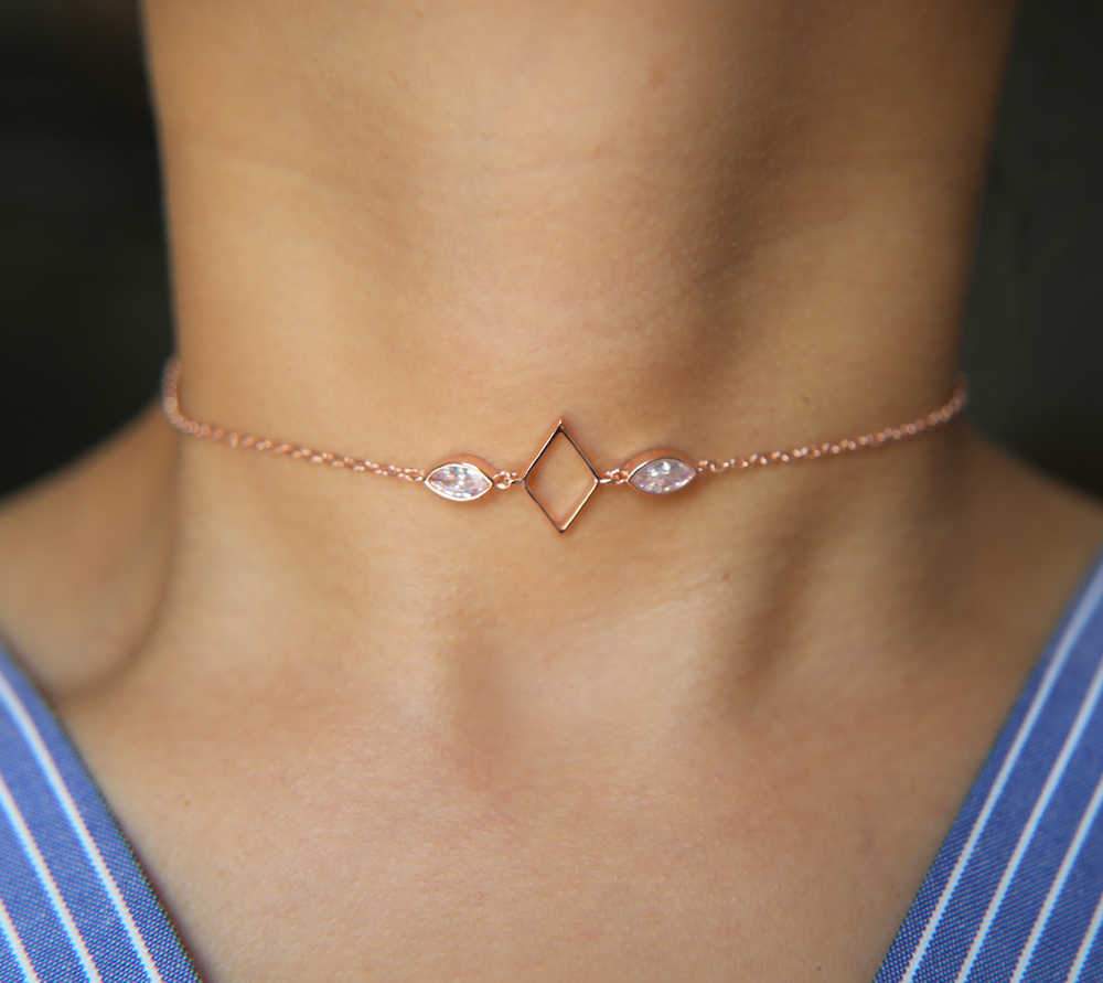 Delicate Chain Choker Necklace 337cm Cubic Zirconia Geometric Minimalist Jewelry | Rose Gold & Sier Plated