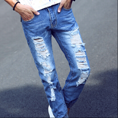 Wholesale-Mens Jeans Brand 2016 Summer Men Ripped Denim Jeans Ankle Length Distressed Jeans Men Denim Joggers K8233