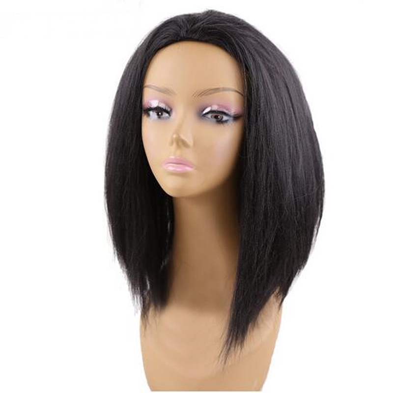 Fashion Wholesale price Natural black Yaki straight Full wigs for black women synthetic hair 12 inch cosplay wig