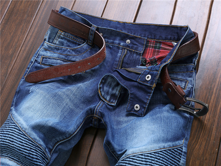 Men Fold Runway Stretch Jeans, Washed Acid Biker Slim Jeans Men Plus 4 Colors Size 28-38