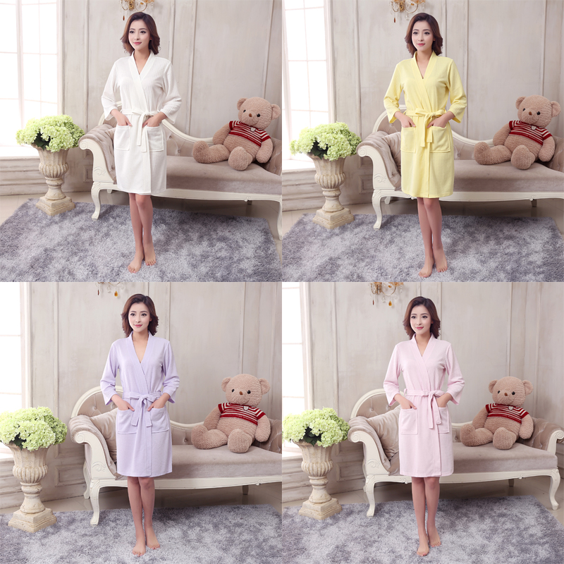 Wholesale-Towel Bath Robe Dressing Gown Unisex Men Women Sleeve Solid Cotton Waffle Sleep Lounge Bathrobe Peignoir Nightgowns Lovers Robes