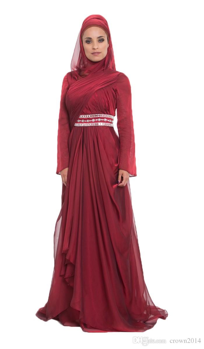 Burgundy Chiffon Formal Long Maxi Lace Appliques Evening Dresses With Hijab Long Sleeve 2022 Beaded Pleated Layered Ruffle Arabic Muslim Dre