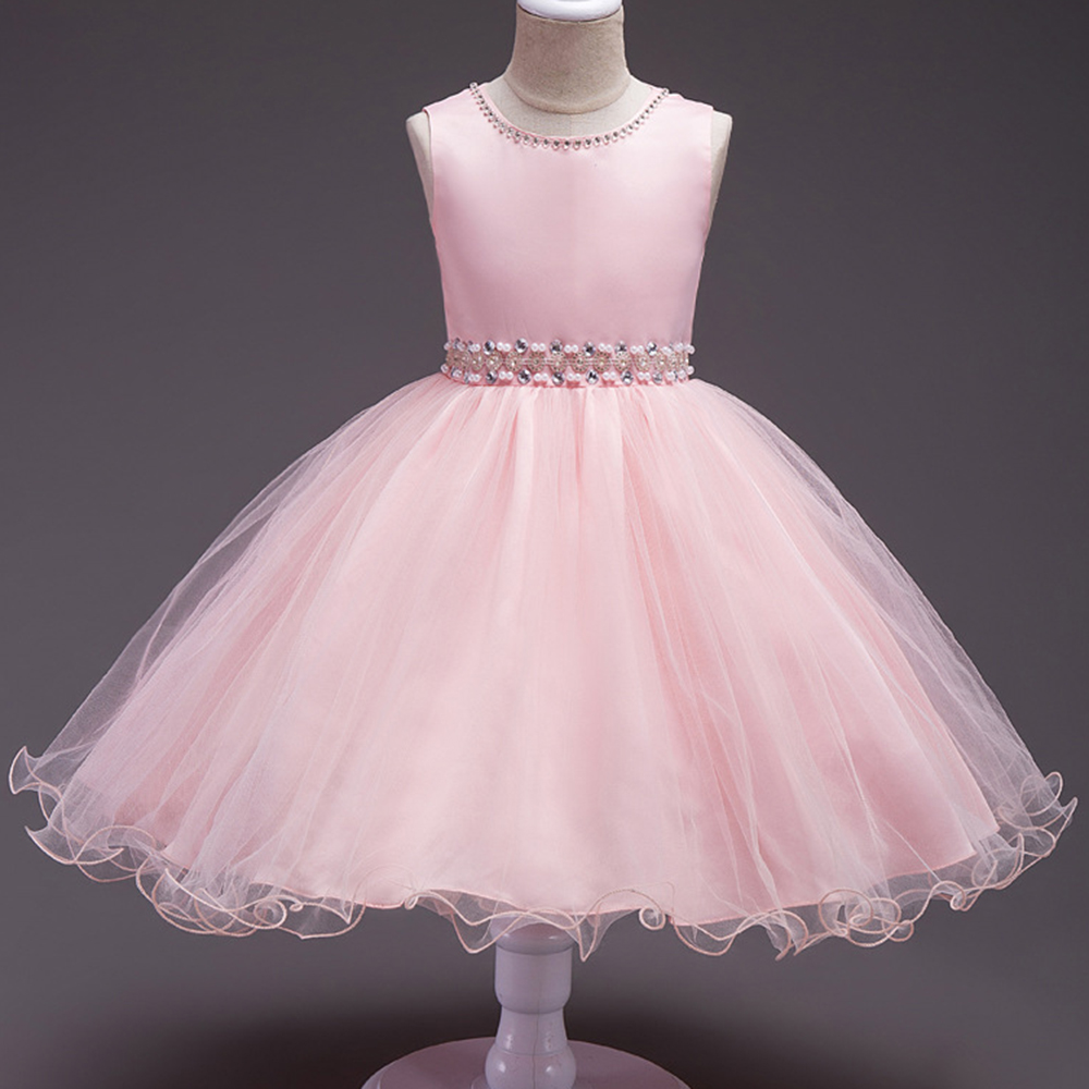 Stock Beaded Crystal Pink Pageant Dresses for Kids Jewel Neck Short First Communion Dresses Wholesale Birthday Party Dresses MC1044