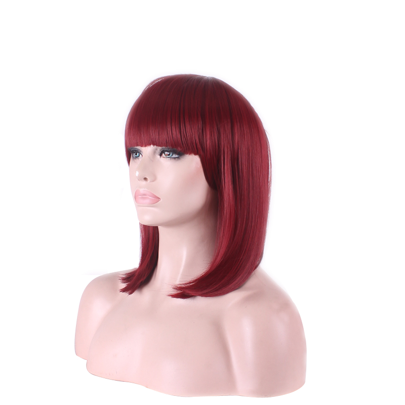 WoodFestival medium length straight synthetic wigs with bangs ladies short burgundy wig high temperature silk fiber hair