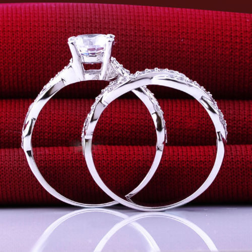 10K White Gold Filled Round Cut Cubic Zirconia Topaz Bridal Ring Set for Women (Size 5-11)