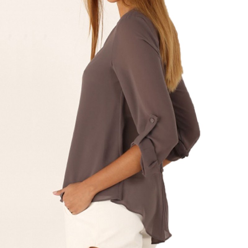 Wholesale-Deep V Neck Casual Chiffon Blouses Long Sleeves Gray Blusas Loose Casual Club Party Women Shirts Tops KL075