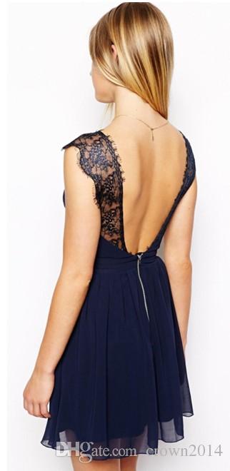 Summer Lace Evening Dresses Chiffon Navy Blue Sexy Sheer Backless Real Sample Short Lace Prom Gowns Cocktail Party Dress