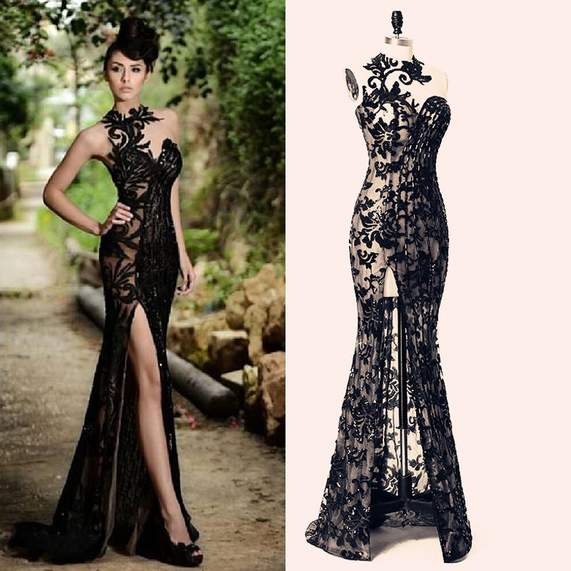 Black Rami Salamoun Split Prom Dresses Long Appliqued Sheer High Neck Beading Mermaid Formal Evening Gowns Real Image Cheap Party Dress