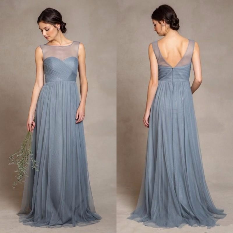 2016 Modest A Line Bridesmaid Dress Sheer Tulle Bateau Sexy Backless Long Maid Honor Gowns Floor Length Ruffles Wedding Guest Dresses
2016 Modest A Line Bridesmaid Dress Sheer Tulle Bateau Sexy Backless Long Maid Honor Gowns Floor Length Ruffles Wedding Guest Dresses