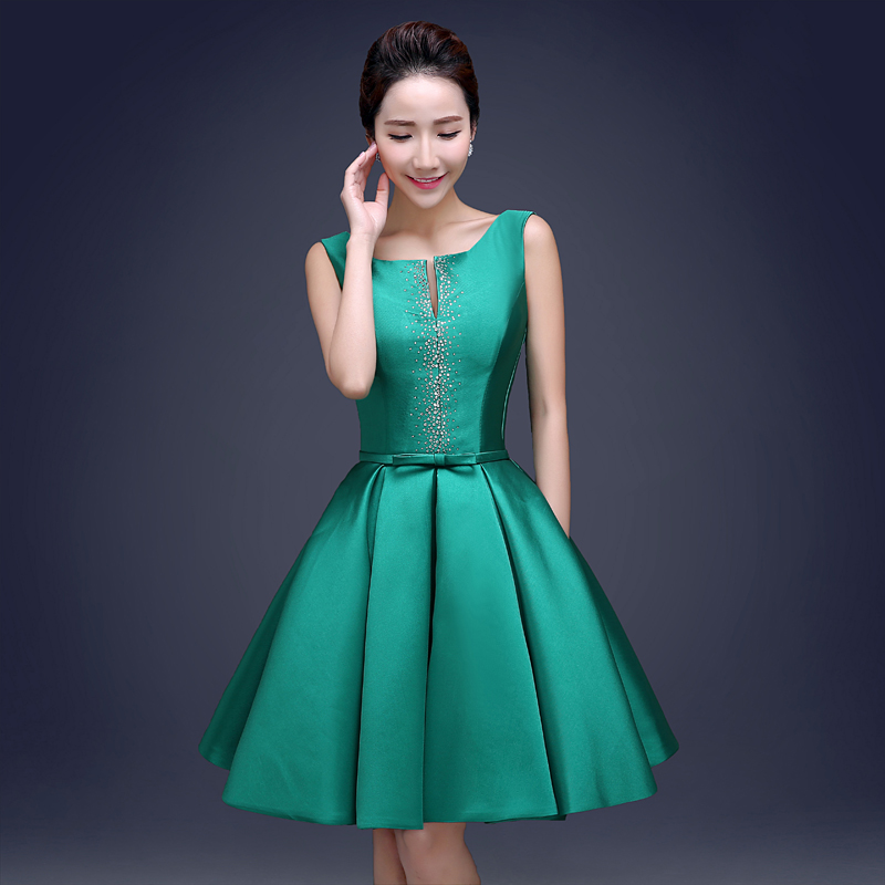 Bateau Neck 395 Satin Short Cocktail Dresses Lace Up 2019 Beaded Knee Length Party Dress Dark Green