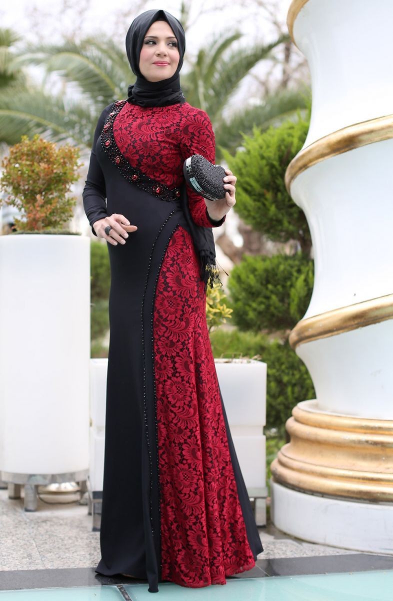 The Newest Design Black Red Long Arab Muslim Evening Dresses A Line Lace Beaded Long Sleeves Floor Length Women Party Gowns