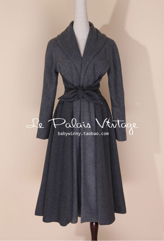 Wholesale-2016 Le Palais Vintage Elegant Retro Grey Stitching Waist Big Pendulum All-Match Long Coat High Quality Women's Clothing